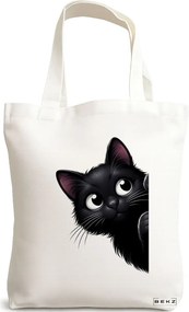 Sacosa de Panza pentru Cumparaturi, Geanta Tote, model The Curious Cat, 38 x 34.5 cm, Alba, BEKZ®