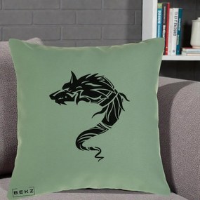 Perna Decorativa Lup Tribal Alb-Negru, 40x40 cm, Verde, Husa Detasabila, Perna Inclusa, BEKZ®