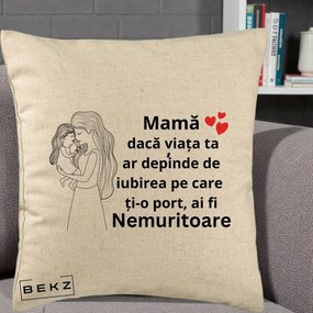 Cadou pentru Mama - Perna Personalizata Mama Nemuritoare cu Copilul in Poala, 40x40 cm, Bej, Husa Detasabila, Perna Inclusa, BEKZ®