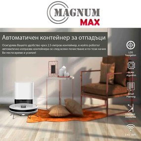Aspirator roboti cu autogolire MAGNUM MAX, Li-ion 3200 mAh, 42W, SMART, 3000 Pa, 0.24 l, Wi-Fi, Control vocal, Curatare uscata si umeda, Programare, HEPA, Recunoastere camera, Alb