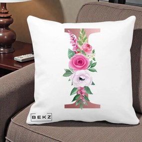Cadou Personalizat - Perna Personalizata Monograma Rose Gold Litera I, 40x40 cm, Alba Mata, Husa Detasabila, Perna Inclusa, BEKZ®