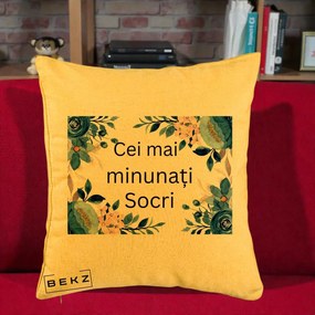 Cadou pentru Socri - Perna Personalizata Cei mai Minunati Socri cu Flori Albastre si Roz, 40x40 cm, Galben, Husa Detasabila, Perna Inclusa, BEKZ®