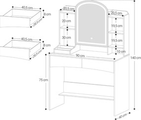Masuta machiaj cu Oglinda LED si 2 Sertare pentru Cosmetice, Set Masa toaleta 90 cm, Alb, masuta cosmetica, vanity - SEA910