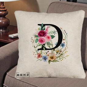 Cadou Personalizat - Perna Personalizata Monogram Litera D cu Flori Acuarela, 40x40 cm, Bej Canapea, Husa Detasabila, Perna Inclusa, BEKZ®