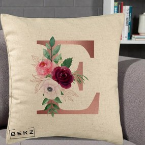 Cadou Personalizat - Perna Personalizata Monograma Rose Gold Litera E, 40x40 cm, Bej, Husa Detasabila, Perna Inclusa, BEKZ®