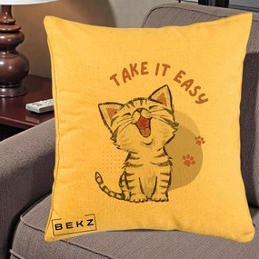Perna Personalizata Take It Easy Cat, 40x40 cm, Galben, Husa Detasabila, Perna Inclusa, BEKZ®
