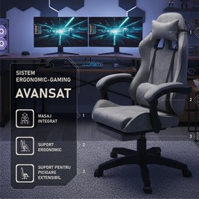 Scaun gaming, masaj în perna lombară, suport picioare, textil, Gri