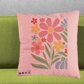 Perna Decorativa Flori Grafice Roz Pastel, 40x40 cm, Roz, Husa Detasabila, Perna Inclusa, BEKZ®