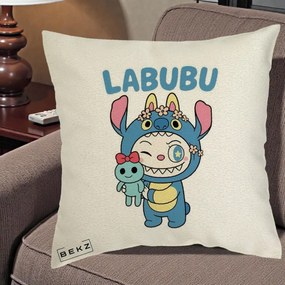 Perna Personalizata Labubu x Stitch cu Flori, 40x40 cm, Ecru, Husa Detasabila, Perna Inclusa, BEKZ®