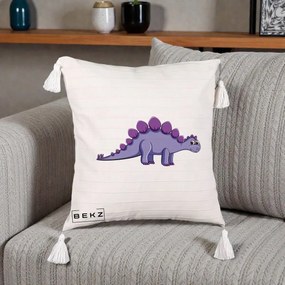 Perna Personalizata Stegozaur Mov, 40x40 cm, Bej cu Franjuri, Husa Detasabila, Perna Inclusa, BEKZ®