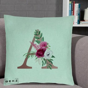 Cadou Personalizat - Perna Personalizata Monograma Rose Gold Litera A, 40x40 cm, Verde Menta, Husa Detasabila, Perna Inclusa, BEKZ®