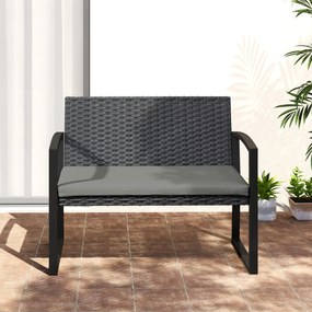 Outsunny Banc de grădină 2 locuri, banc de exterior din resină împletită PE cu pernă, oțel galvanizat, 103x58x78cm, gri și negru | Aosom Romania