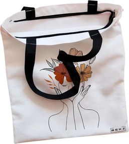 Sacosa de Panza pentru Cumparaturi, Geanta Tote, Flower Lady 19, Cu fermoar, 38x34.5 cm, Alba, BEKZ®