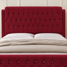 Pat tapițat Chesterfield din catifea Aveline Deluxe 160×200 cm, vișiniu, cu ladă de depozitare