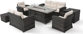 Set mobilier de grădină din ratan AVENBERG MONOPOLI cu vatră de foc pe gaz integrată și două lăzi de depozitare