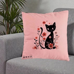 Perna Decorativa Pisica Neagra Flori Roz si Inimi, 40x40 cm, Roz, Husa Detasabila, Perna Inclusa, BEKZ®
