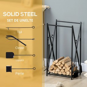 HOMCOM Suport pentru Lemne de Foc din Oțel, Suport pentru Lemne pentru Șemineu cu Vatrai, Perie și Clește, 46x30x76 cm, Negru | Aosom Romania