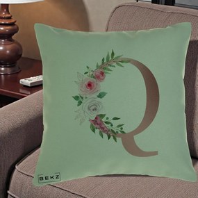 Cadou Personalizat - Perna Personalizata Monograma Rose Gold Litera Q, 40x40 cm, Verde, Husa Detasabila, Perna Inclusa, BEKZ®