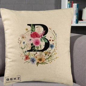 Cadou Personalizat - Perna Personalizata Monogram Litera B cu Flori Acuarela, 40x40 cm, Bej, Husa Detasabila, Perna Inclusa, BEKZ®