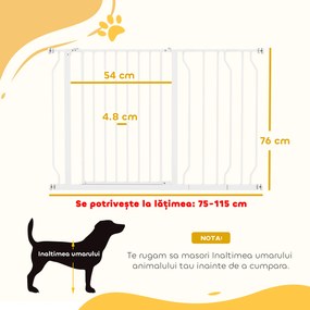 PawHut Poartă de Siguranță pentru Câini din Oțel și ABS, Poartă Extensibilă pentru Câini pentru Scări și Uși, 75-115 cm, Alb