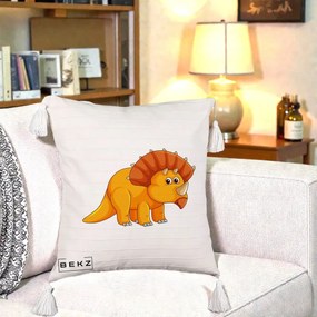 Perna Decorativa Triceratops Portocaliu, 40x40 cm, Bej cu Franjuri, Husa Detasabila, Perna Inclusa, BEKZ®