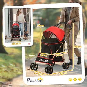 PawHut Cărucior pentru Câini Pliabil și Convertibil în Geantă de Transport cu 2 Lese și Pernă, 82x49.5x98 cm, Roșu | Aosom Romania