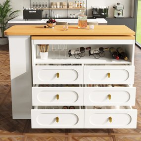 Masă de bar extensibilă cu rotire 360°, 6 sertare și raft lateral pentru gustări, 137-203x39x90 cm, Alb