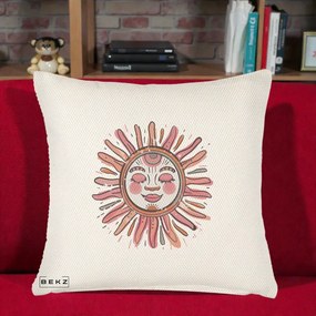 Perna Decorativa Soare Roz Tribal, 40x40 cm, Crem Reliefat, Husa Detasabila, Perna Inclusa, BEKZ®