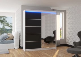 Dulap cu usi glisante si oglinda + iluminare LED, Caro 180 + LED, 180 cmx200 cmx58 cm, ADRK Furniture (Culoare: Alb)