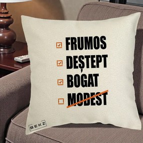 Perna Decorativa Frumos Destept Bogat, 40x40 cm, Ecru, Husa Detasabila, Perna Inclusa, BEKZ®