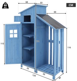 Dulap de grădină cu 2 rafturi, magazie de unelte cu spațiu mare de depozitare, 124x46x174 cm, Albastru
