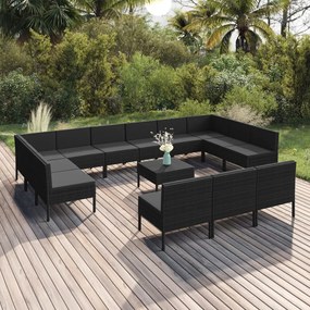 Set mobilier de gradina cu perne, 14 piese, negru, poliratan