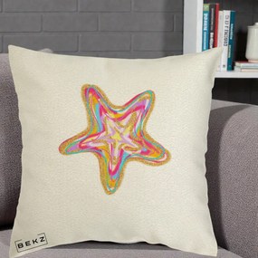 Perna Decorativa Stea de Mare Neon Curcubeu, 40x40 cm, Ecru, Husa Detasabila, Perna Inclusa, BEKZ®