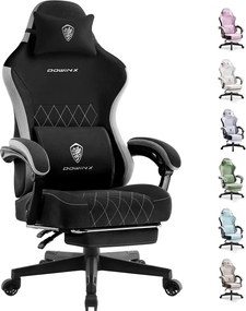 DOWINX 6650F - Scaun Gaming Ergonomic, Masaj in perna lombara, Șezut cu Arcuri Metalice și Spumă, Suport pentru picioare, Rabatabil 90°–135°, Rezistent 136 kg, Material textil, Negru