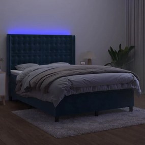 Pat cu arcuri, saltea si LED, bleumarin, 140x190 cm, catifea Albastru inchis, 140 x 190 cm, Nasturi de tapiterie