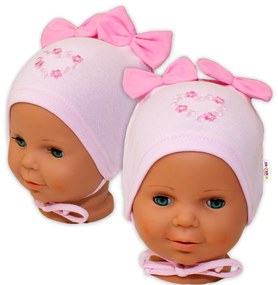Pălărie Baby Nelly, din bumbac, cu dantelă - funde - roz deschis 68-74 (6-9m)