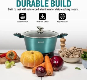 Set oale si tigai Herzberg HG-METBL15, 15 piese, Aluminiu 3003, Acoperire marmura, Capace din sticla, Inductie, Verde albastru