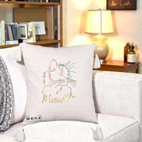 Perna Personalizata Pisica Meow Arta Linie Colorata, 40x40 cm, Bej cu Franjuri, Husa Detasabila, Perna Inclusa, BEKZ®