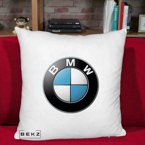 Perna Personalizata cu emblema BMW, 40x40 cm, Alb Pufos, Husa Detasabila, Perna Inclusa, BEKZ®