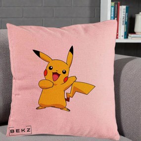 Perna Personalizata Pikachu Fericit, 40x40 cm, Roz, Husa Detasabila, Perna Inclusa, BEKZ®