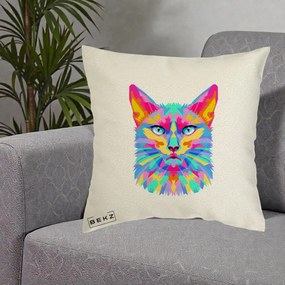 Perna Decorativa Pisica Pop Art Multicolor, 40x40 cm, Ecru, Husa Detasabila, Perna Inclusa, BEKZ®