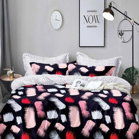 Lenjerie de pat cu 2 fete, policoton, pat 2 persoane, 4 piese, negru / roz, R4-541