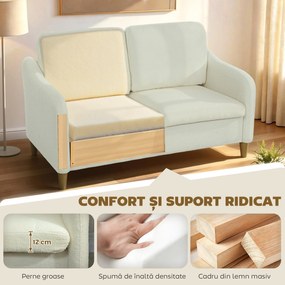 HOMCOM Divan 2 Locuri Imbottit în Sherpa cu Perne Detașabile, Picioare din Lemn de Eucalipt, Design Compact pentru Living, 137x69x82 cm, Crem | Aosom Romania