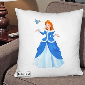 Perna Personalizata Printesa Albastra cu Pasare, 40x40 cm, Alb Pufos, Husa Detasabila, Perna Inclusa, BEKZ®