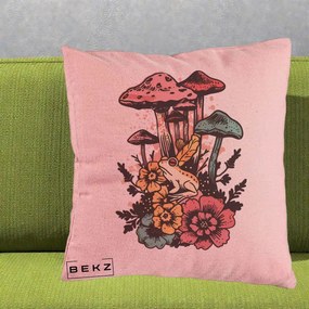 Perna Decorativa Ciuperci si Broaste Boho, 40x40 cm, Roz, Husa Detasabila, Perna Inclusa, BEKZ®
