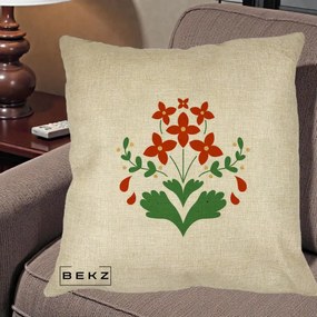Perna Decorativa Buchet Floral Folk Rosu-Verde, 40x40 cm, Crem, Husa Detasabila, Perna Inclusa, BEKZ®