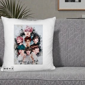 Perna Personalizata K-pop BTS Bangtan Boys Poster Artistic Negru Alb, 40x40 cm, Alb Pufos, Husa Detasabila, Perna Inclusa, BEKZ®