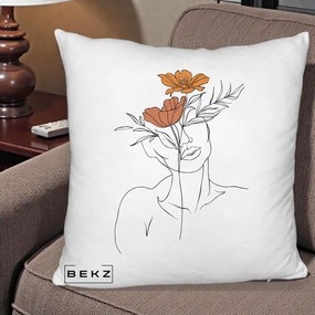 Perna Decorativa Portret Feminin Doua Flori, 40x40 cm, Alb Pufos, Husa Detasabila, Perna Inclusa, BEKZ®