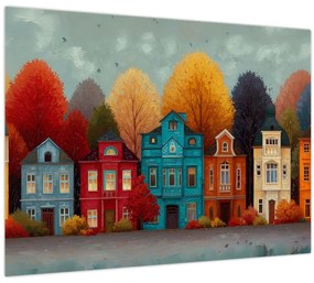 Tablou pe sticlă - Oraș de toamnă pictat (70x50 cm)