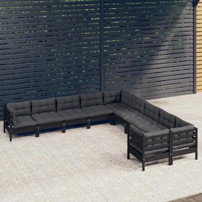 3097011 vidaXL Set mobilier grădină cu perne, 10 piese, negru, lemn de pin